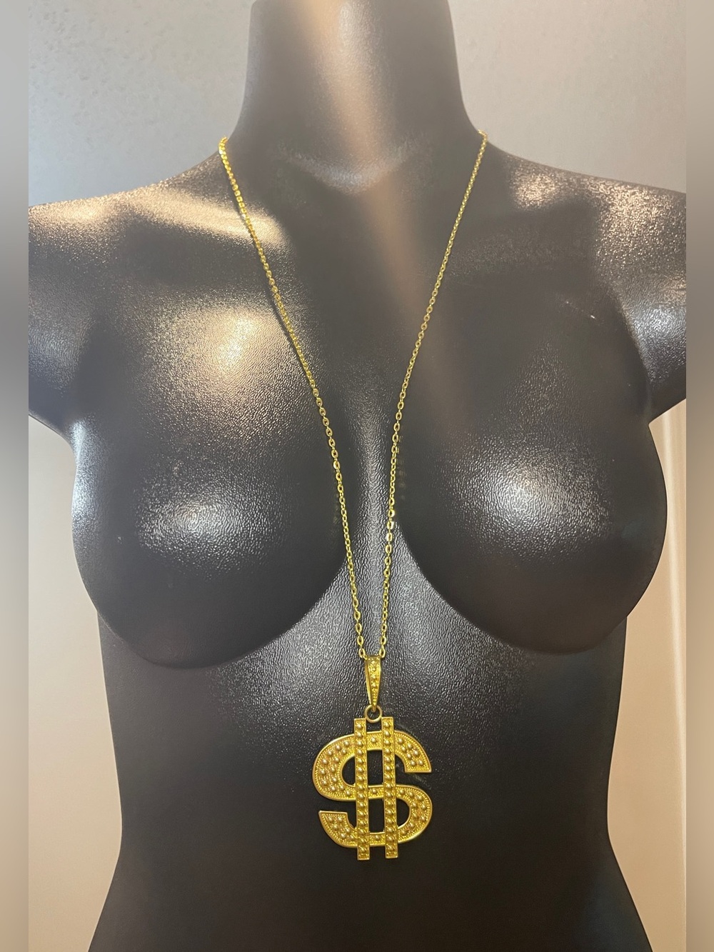 Gold Tone Dollar Sign Pendant Necklace and Ring, Unisex Jewelry